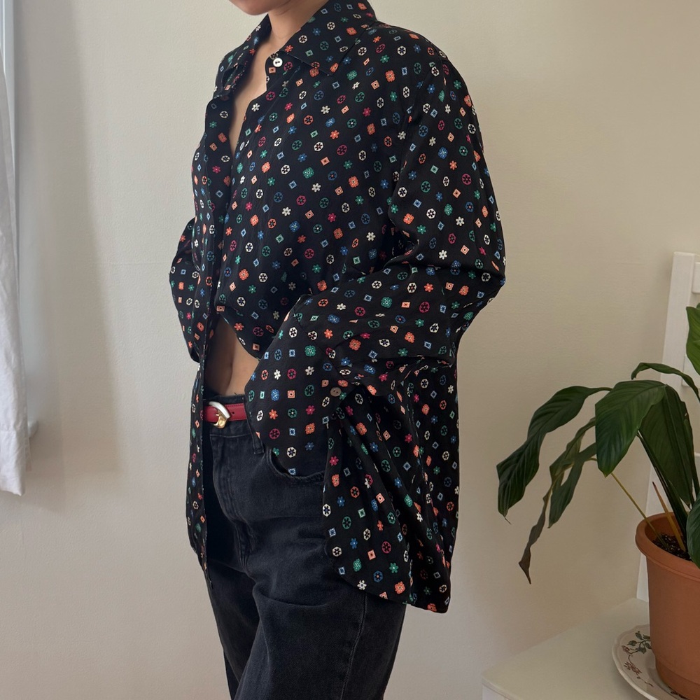 Vintage Kate Hill 100% Silk Black Shirt Multi Colored Floral Retro Vibe Size 14 - Picture 6 of 15